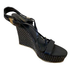 Bebe Platforms Wedges Strappy Sandals 9 Black 5" Heel Gold Hardware Leather